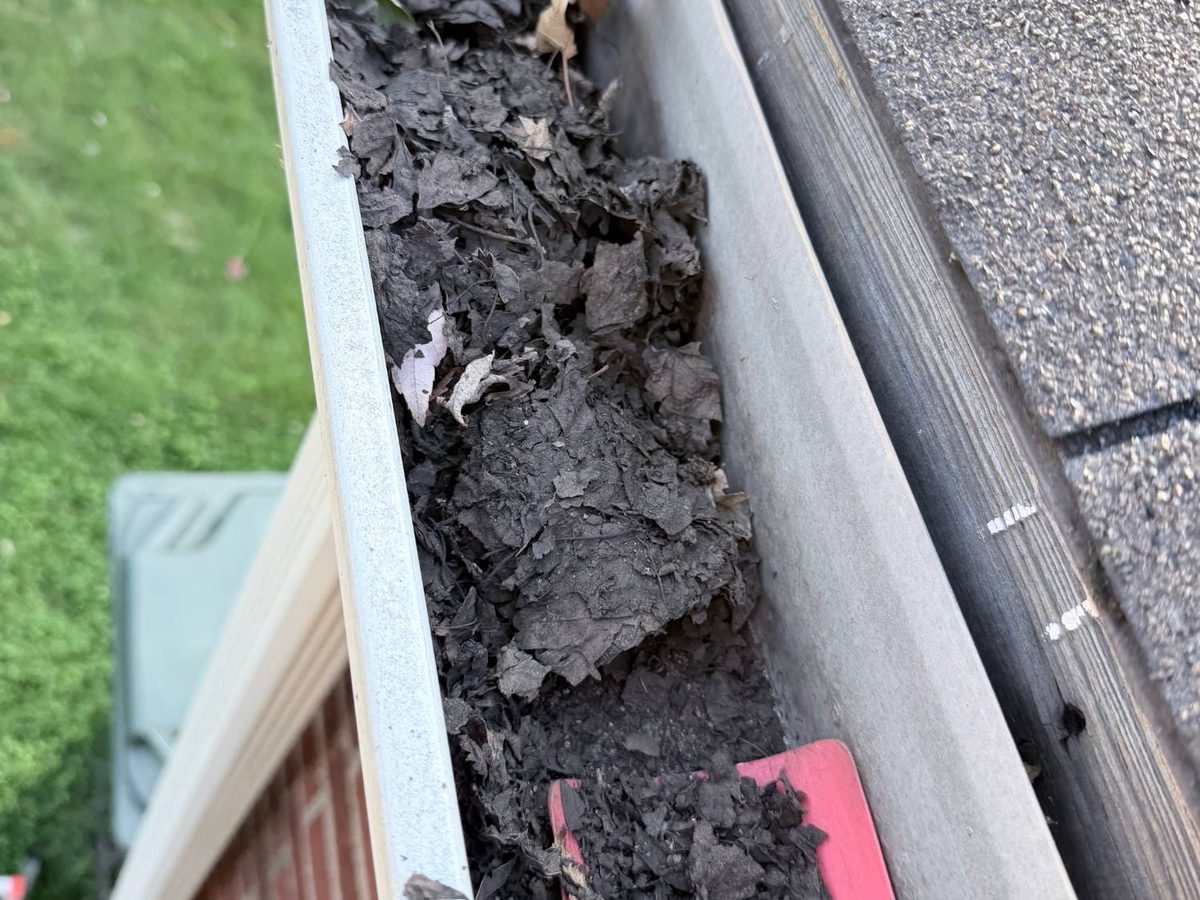 A gutter packed with black, rotted leaves and a red gutter scoop partway through a hand cleanout