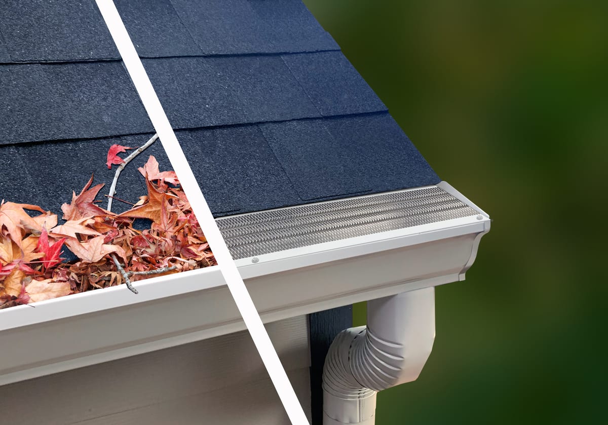 Split view of a white gutter: packed with fall leaves on the left, covered by a Leaf Solution micro-mesh guard on the right