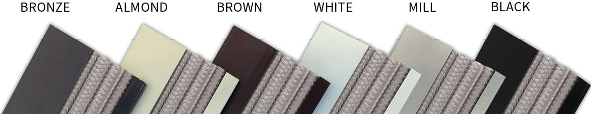 Leaf Solution gutter guard color samples: bronze, almond, brown, white, mill and black