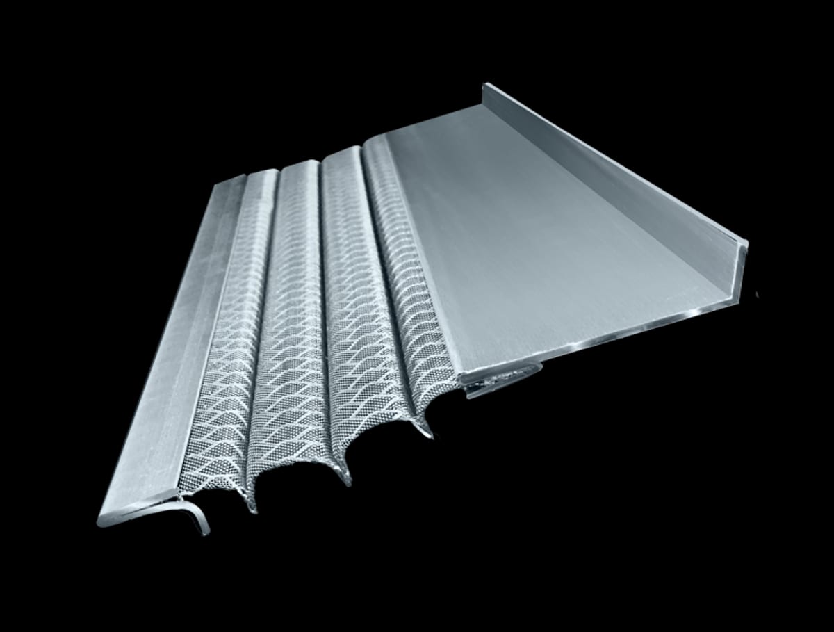 Leaf Solution fascia-mount gutter guard section showing the aluminum frame and stainless mesh