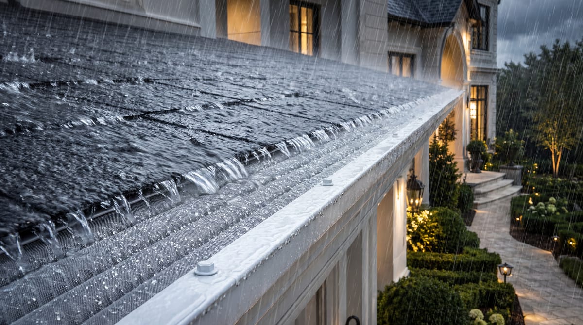 Heavy rain running off a roof and through a Leaf Solution gutter guard on a white gutter